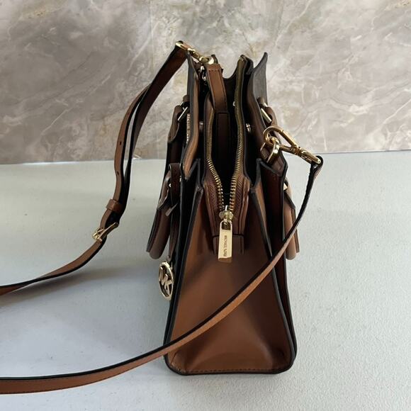 Michael Kors Medium Satchel Crossbody Purse Top Handles Brown Leather Gold Hope - Picture 6 of 10